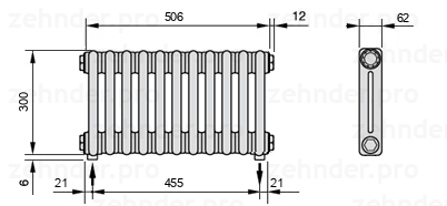 Схема (чертеж) Радиатор Zehnder Charleston 2030/11 №3570 Белый глянцевый RAL 9016